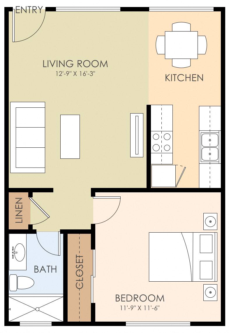 Floor plan for 1 bed, 1 bath, 551 sqft